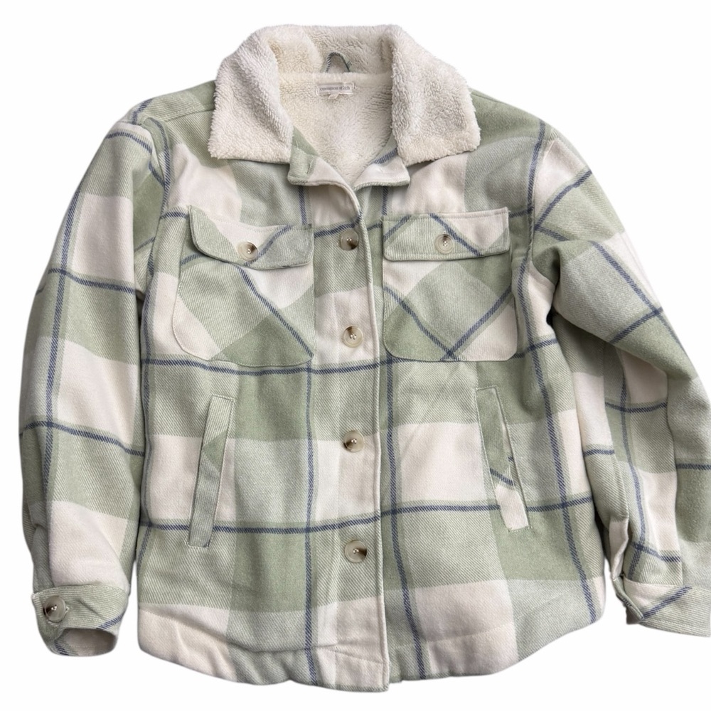 Common Stitch‎ Sherpa Lined Plaid Shacket Jacket Women Large Green White Fleece